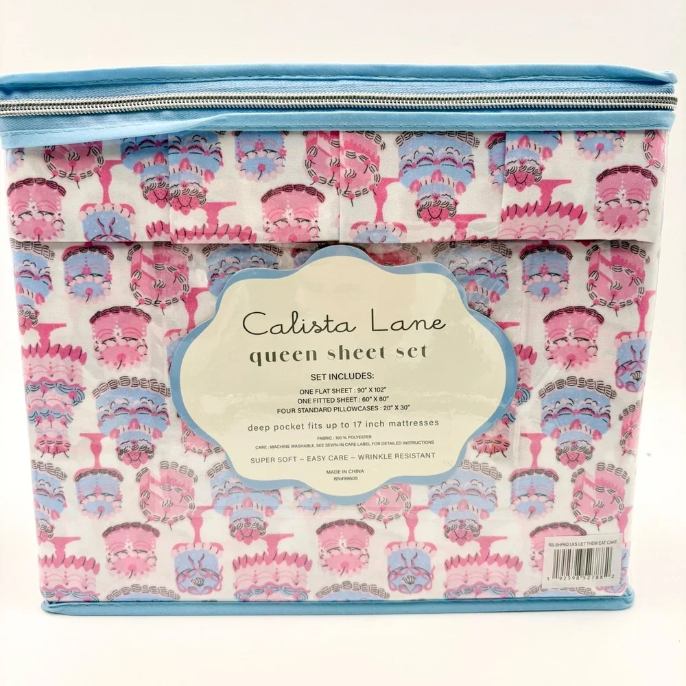 Calista Lane Queen Sheet Set Let Them Eat Cake Pink Blue 6 Piece Deep Pocket NEW